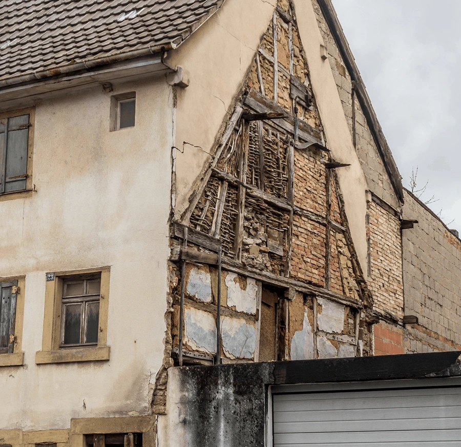 Scaffolding and building structure being prepared for pre-demolition asbestos inspection